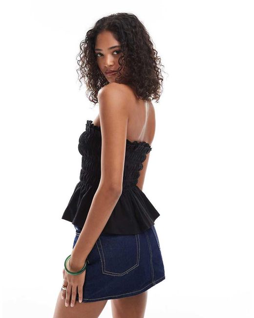 ASOS Black Shirred Bandeau Top With Broderie Trim