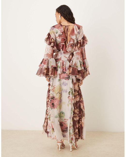 ASOS Natural – langärmliges maxikleid mit nach hinten abfallendem saum, extremen rüschen und blumenmustermix