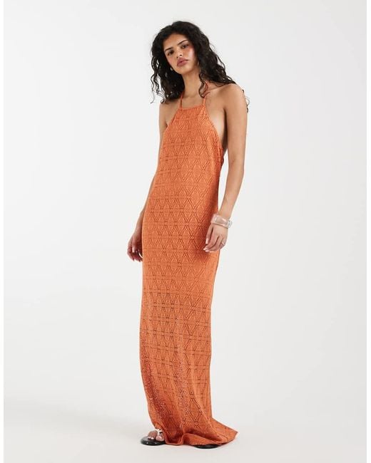 Vero Moda Orange Stretch Lace Halter Maxi Dress