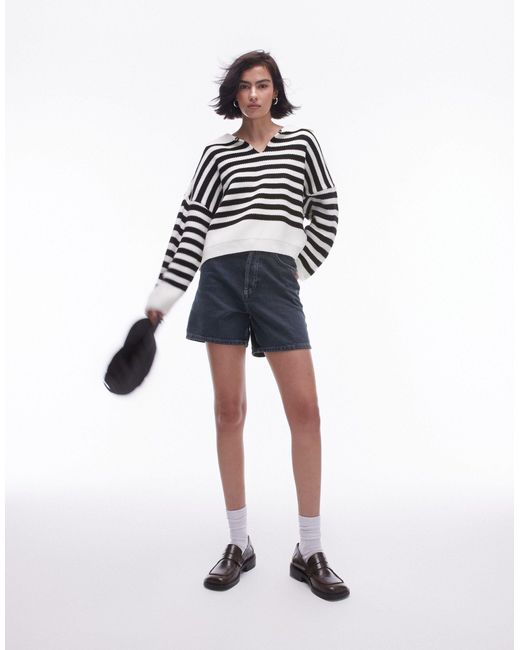 TOPSHOP White Knitted Collared Stripe Jumper