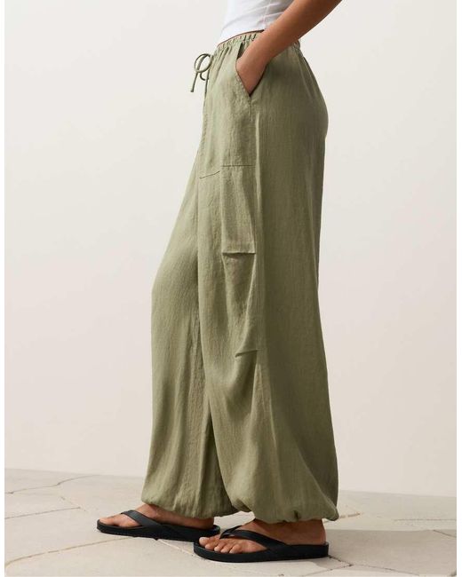 Oysho Natural 100% Linen Cargo Bloomer Trousers