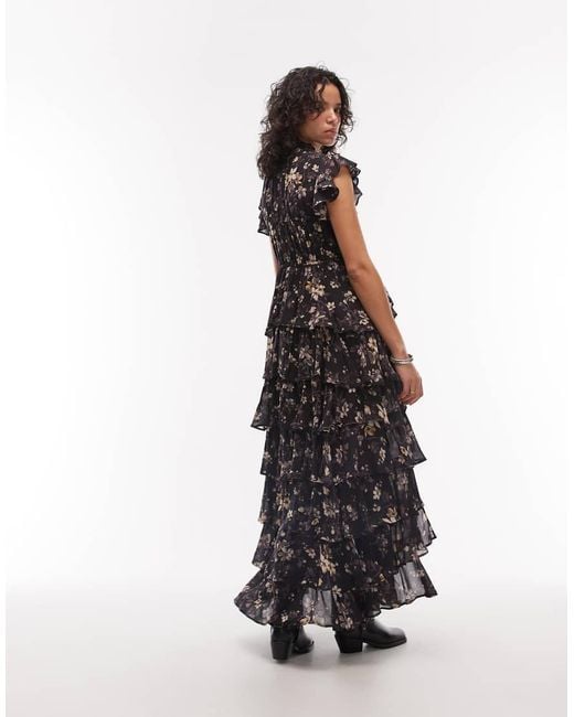 AllSaints Black Shaela Floral Ruffle Maxi Dress