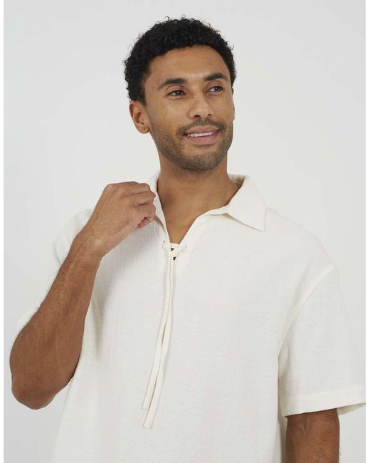 Brave Soul White Cotton Open Collar Shirt With Tie Detail for men