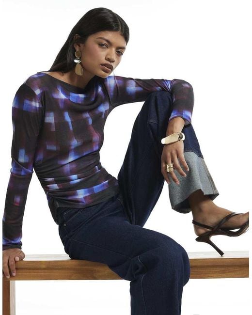 River Island Blue Check Asymmetric Hem Top