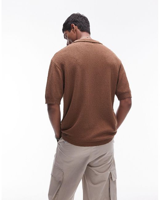 Topman Brown Knitted Textured Button Through Shirt for men