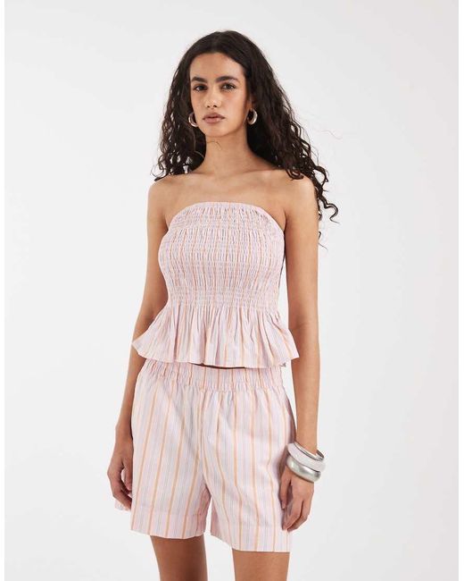 Vero Moda Pink Poplin Shirred Peplum Hem Bandeau Top Co-ord