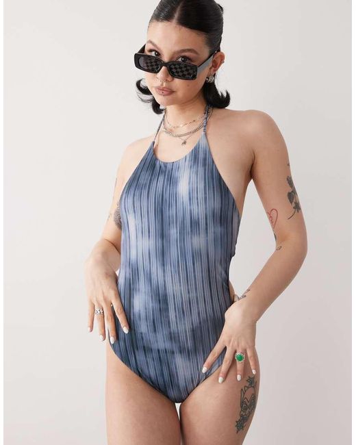 Weekday Blue Halter Neck Swimsuit With Open Back Tie Detail