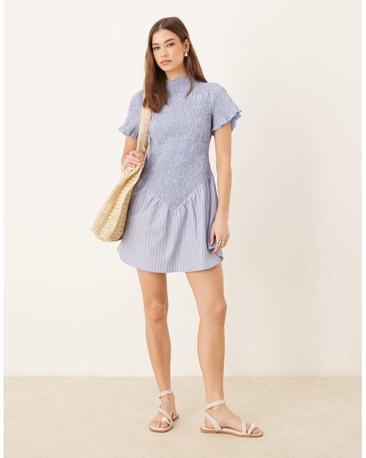 ASOS Blue Shirred Flutter Sleeve Mini Dress