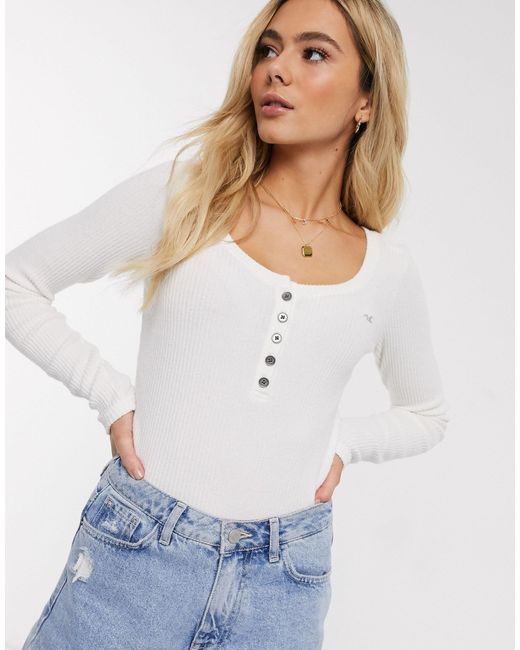 Hollister White Cosy Ribbed Henley Top-red