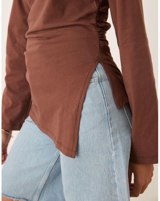 ASOS Red Asymmetric Hem Long Sleeve Ruched Side Top