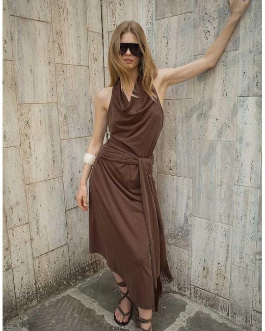 NA-KD Brown Tie Fringe Slanted Modal Skirt