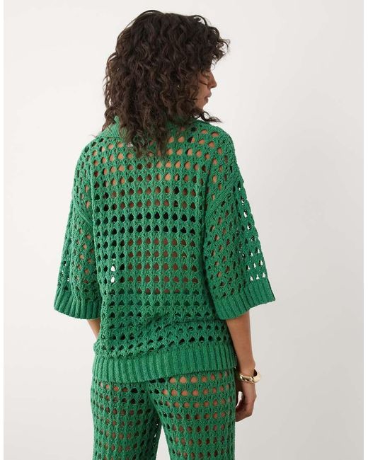 ASOS Green Beach Crochet Collared Short Sleeve Top