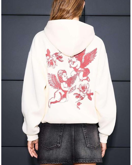 Felpa Bianca Stampata Con Cappuccio di Bershka in Gray