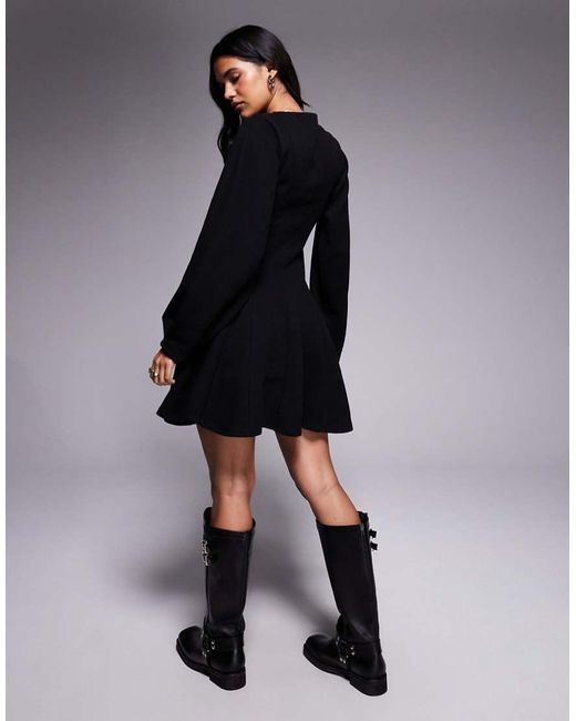 ASOS Black Supersoft V Neck Fit And Flare With Seam Detail Mini Dress