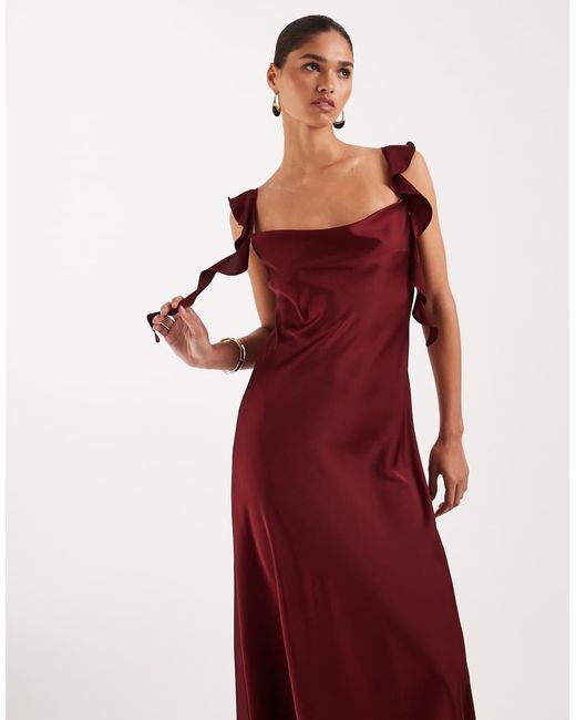 Vila Red Cowl Neck Satin Maxi Dress With Draping Frill Straps