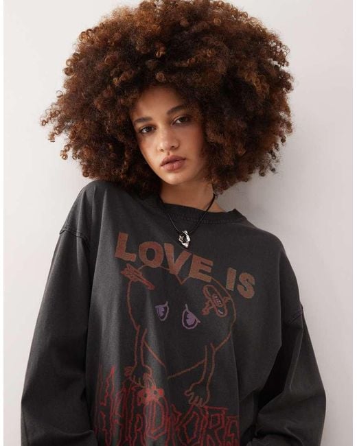 Monki Long Sleeve T-shirt With Love Is Hardcore Print in Black
