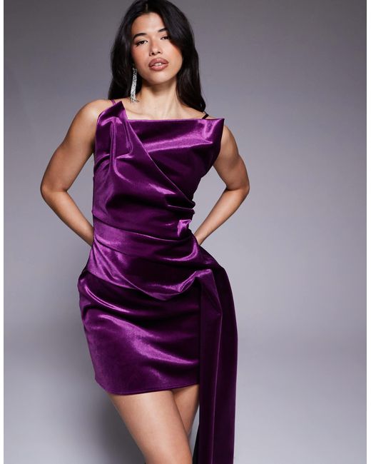 ASOS Women's Purple Velvet Off Shoulder Mini Dress With Structured Pleats And Sash Detail