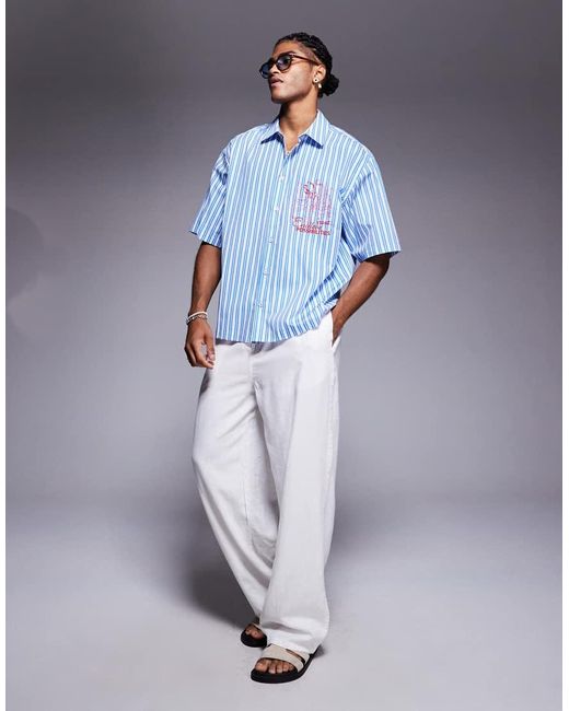 Camisa Azul A Rayas De Corte Cuadrado Extragrande Con Bordado En El Pecho De ASOS de hombre de color Blue