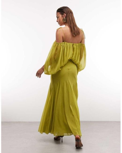 ASOS Green Blouson Bodice Maxi Dress With Split Sleeves And Volume Godet Skirt
