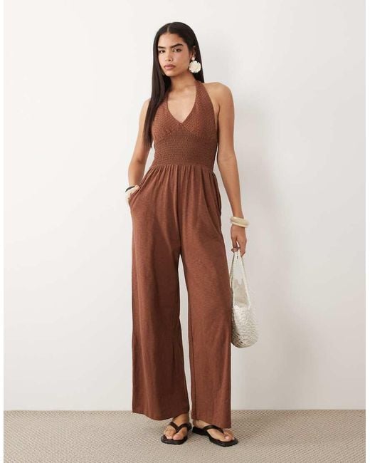 ASOS Brown Crochet Shirred Jumpsuit