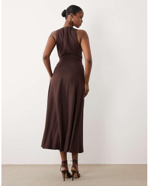 Forever New Brown Linen Mix Halter Neck Tie Midi Dress