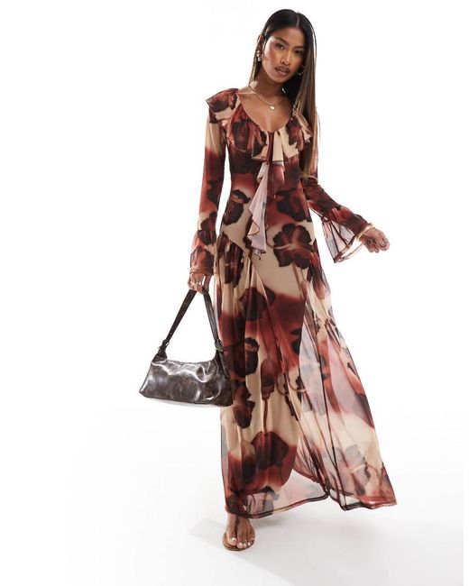 ASOS Ruffle Boho Mesh Maxi Dress in Brown