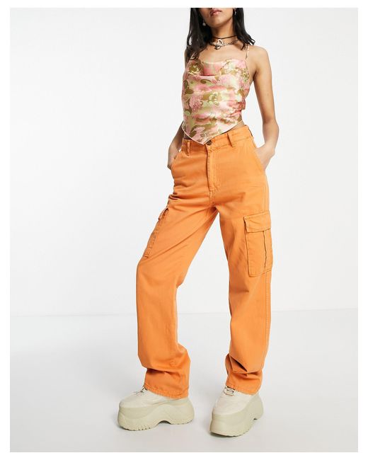 Stradivarius Str Straight Leg Cargo Trouser in Orange | Lyst