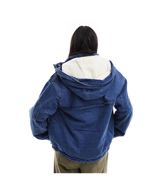 Bershka Blue Utility Denim Hooded Jacket