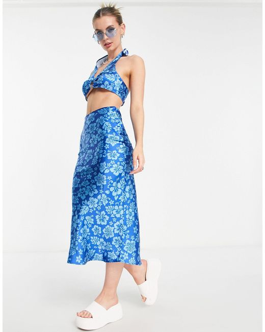Collusion Hawaiian Print Satin Slip Midi Skirt in Blue | Lyst