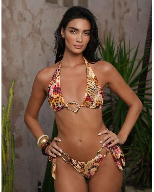 Moda Minx Black X Zoe Servini Floral Print Halterneck Bikini Top With Hardware Detail