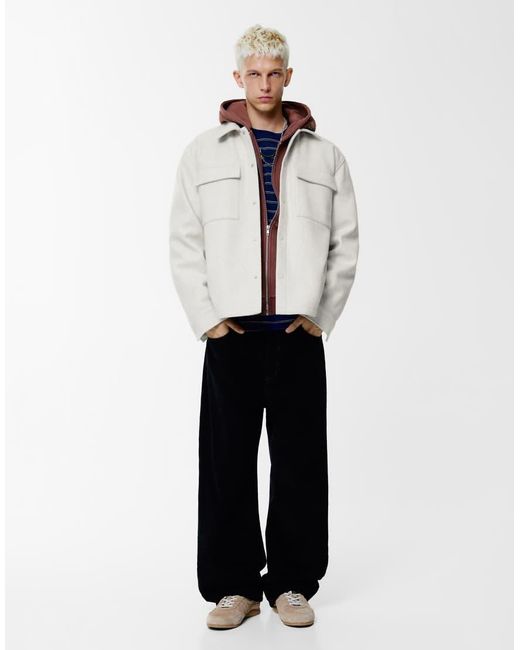 Pull&Bear White Cloth Overshirt With Pockets for men