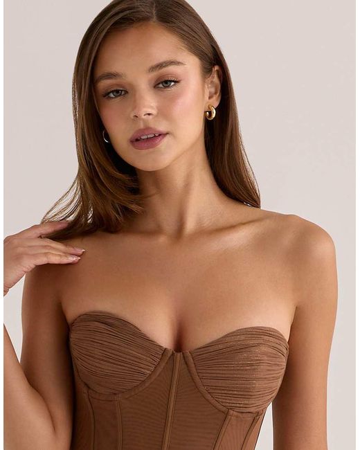 House Of Cb Brown Charlotte Bronze Shimmer Chiffon + Mesh Strapless Maxi Dress