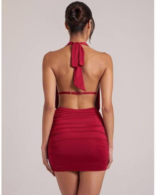 Oh Polly Red Draped Cowl Halter Neck Ruched Skirt Mini Dress