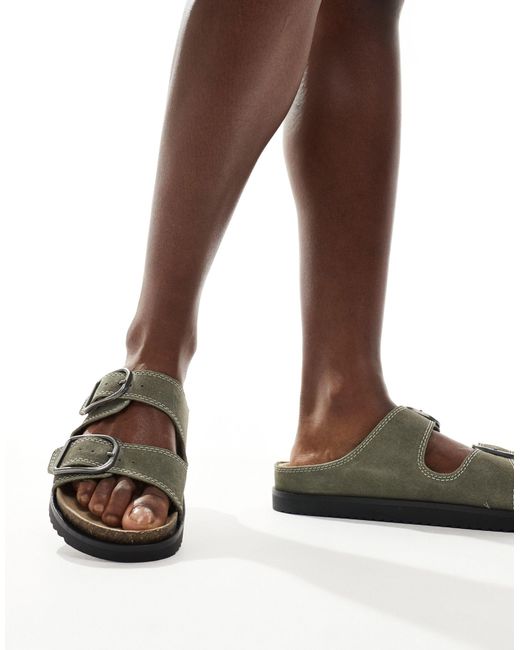 Pull&Bear Brown Double Strap Sandals With Buckle Detail Contrast Stitch