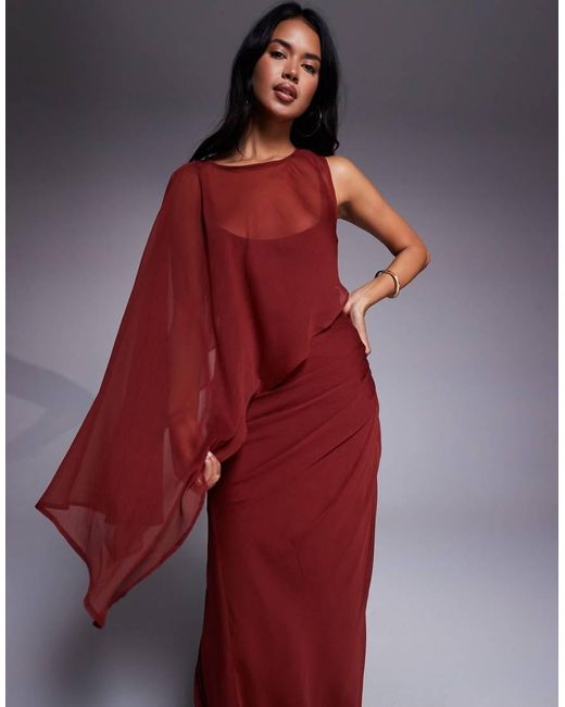 Vestito Lungo Color Ruggine Con Maniche A Strati E Gonna Drappeggiata di ASOS in Red