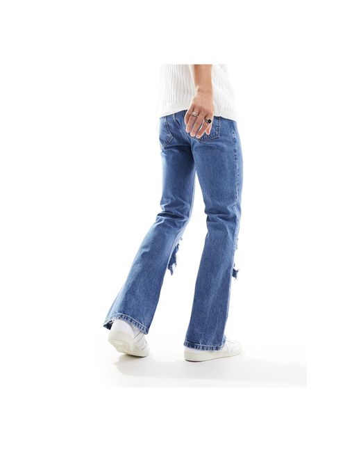 ASOS Blue Vintage Flare Jeans With Heavy Rips for men