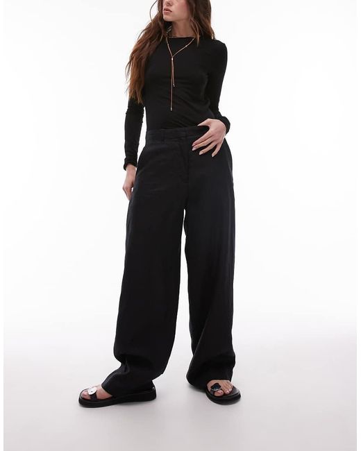 ARKET Black Linen Straight Leg Pants With Flat Front