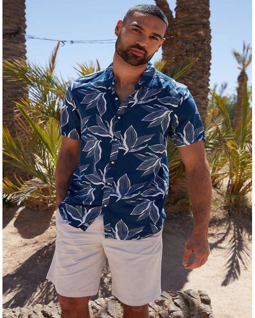Threadbare Blue 'Foliage' Leaf Print Short Sleeve Shirt for men