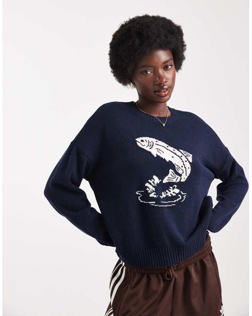 Hollister Blue Easy Jumping Fish Graphic Crew Sweater