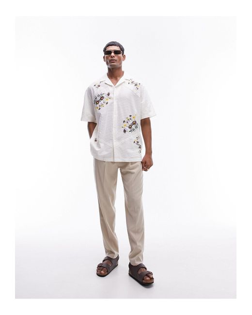Topman White Short Sleeve Floral Embroidered Dobby Shirt for men