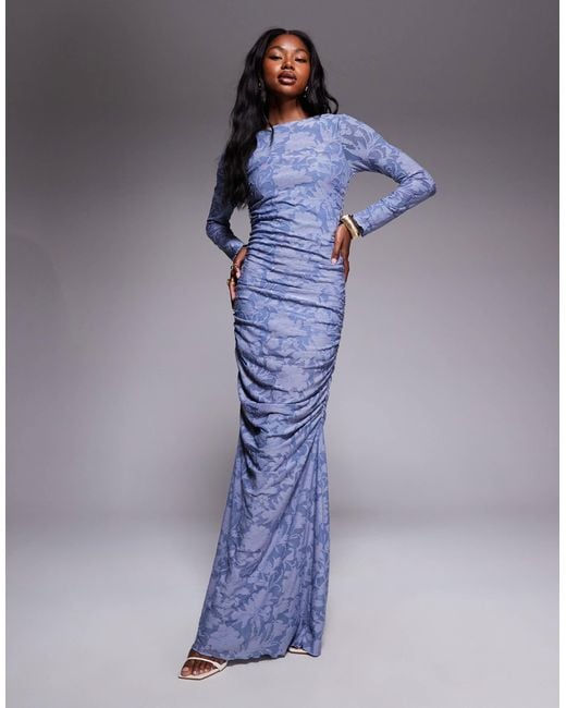 ASOS Blue Devore Long Sleeve Ruched Maxi Dress