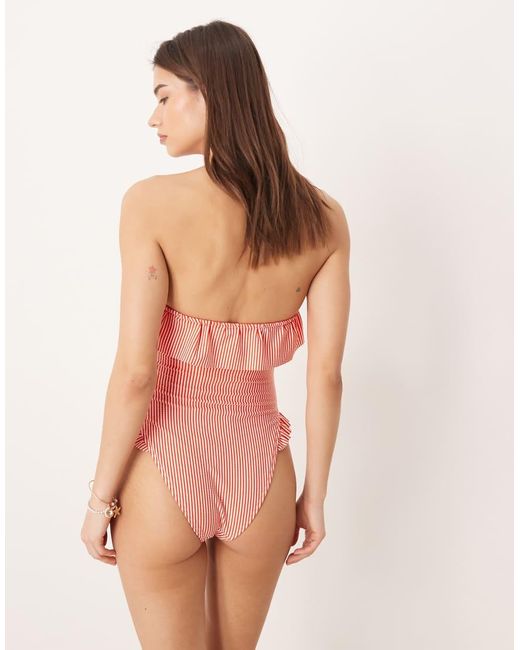 ASOS Pink Scarlet Stripe Bandeau Ruffle Swimsuit