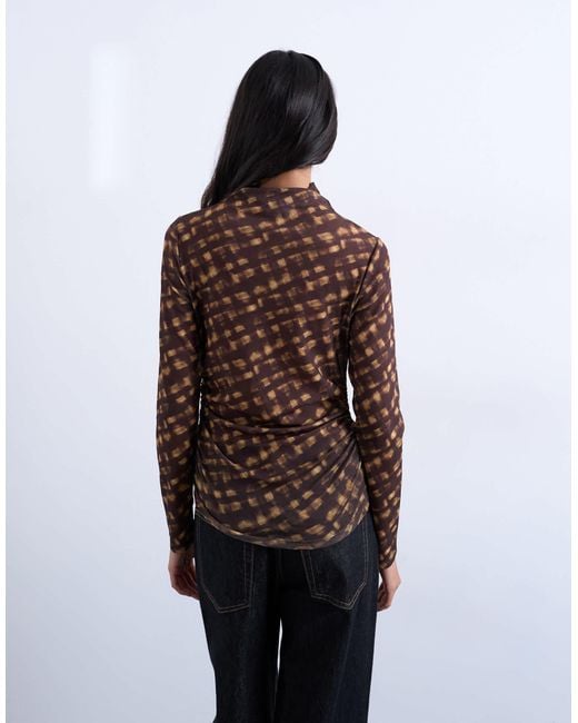 TOPSHOP Brown High Neck Ruched Check Print Long Sleeve Top