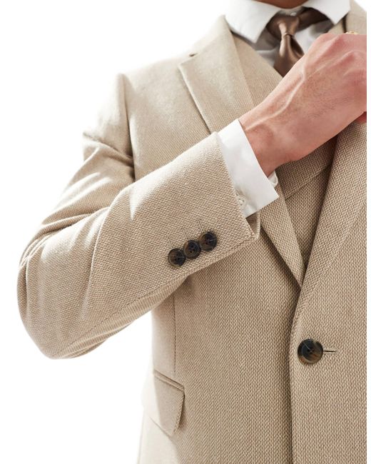ASOS – zweireihige, schmal geschnittene anzugjacke mit wollanteil mit gerstenkornbindung in Natural für Herren