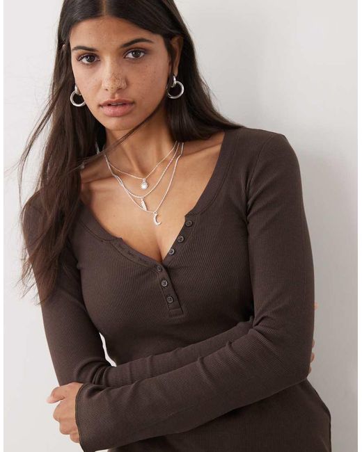 Monki Multicolor Long Sleeve Henley Button Top With Flared Sleeves
