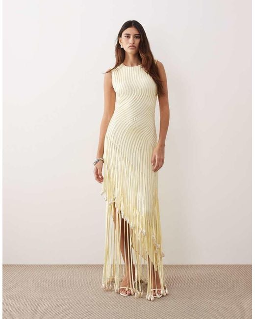 ARRANGE Natural Wave Linear Pearl Droplet Fringe Hem Maxi Dress