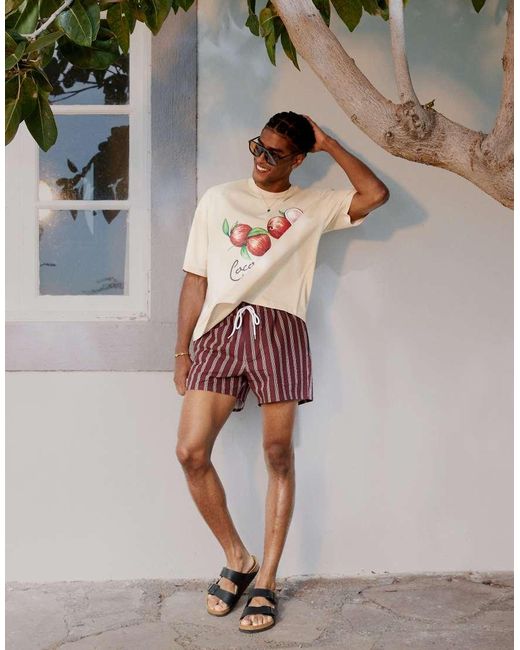 ASOS Gestreepte Korte Zwemshort Van Seersuckerstof in het Brown voor heren