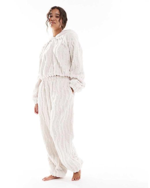 Loungeable White Wavy Popcorn Fleece Wide Leg Trouser Co-ord
