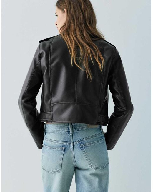 Pull&Bear Black Leather Effect Biker Jacket