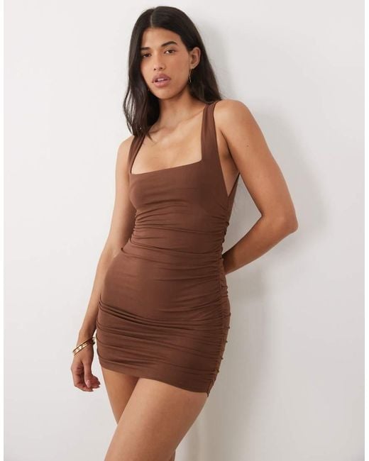 Oh Polly Brown Modal Square Neck Ruched Bodycon Mini Dress